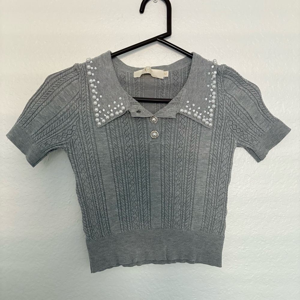 Grey pearl/bedazzled knit button up